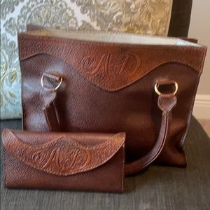 Handmade leather handbag and matching wallet